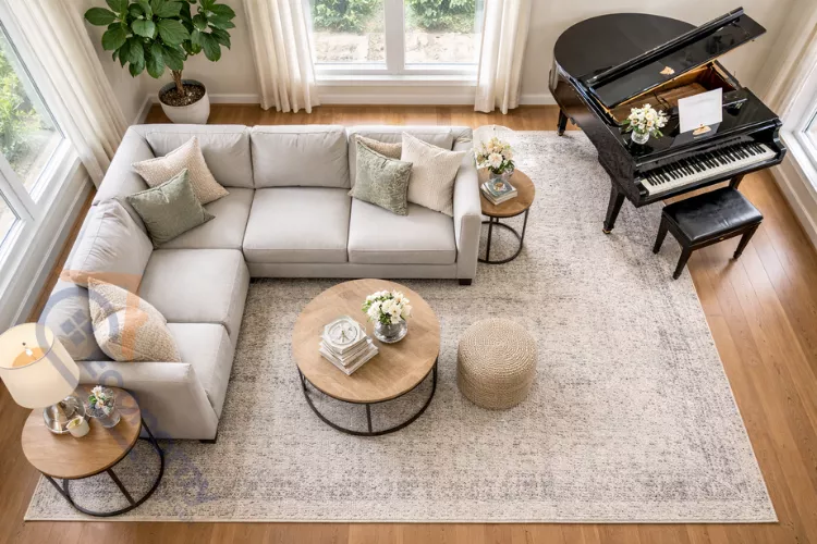 Overhead view of living room layout with grand piano and proportionally scaled furniture showing balanced room design