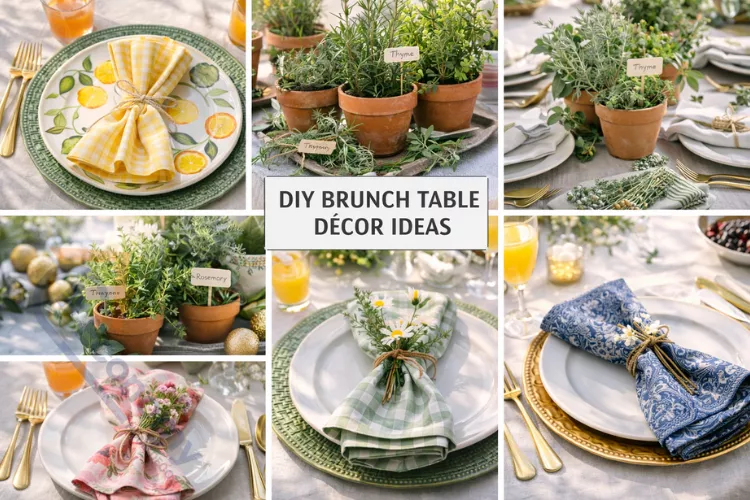 DIY brunch table setting ideas featuring hand-painted plates, potted herb centerpiece, and homemade fabric napkins