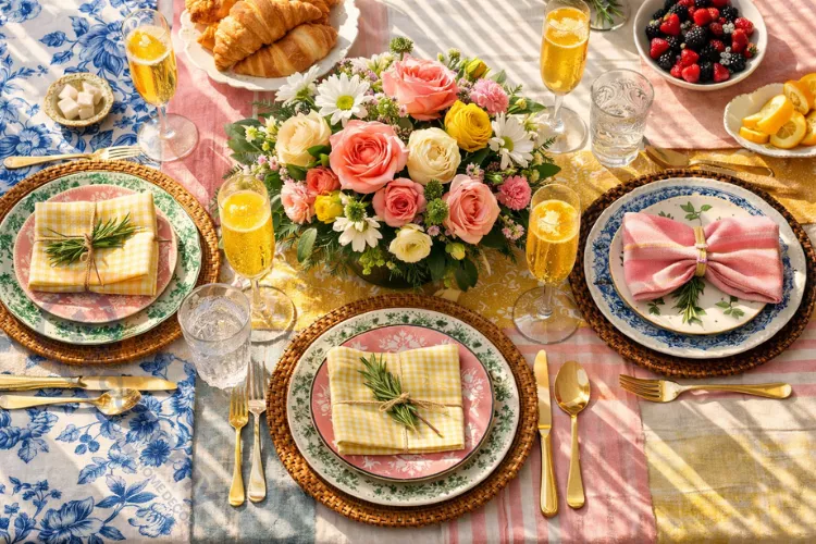 Elegant brunch table setting with layered plates, fresh flower centerpiece, and colorful table linens in natural morning light