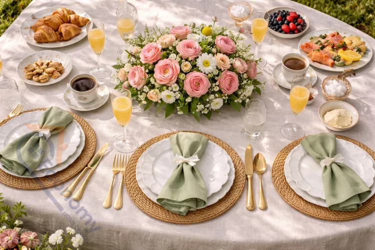 Garden party brunch table setting with pink roses, white porcelain plates, and sage green linen napkins