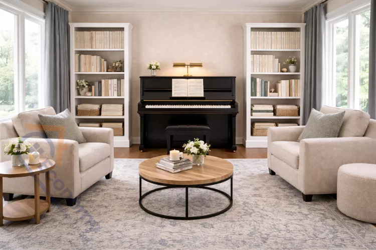 Beautifully decorated piano as living room focal point with balanced styling, layered lighting, and comfortable seating arrangement