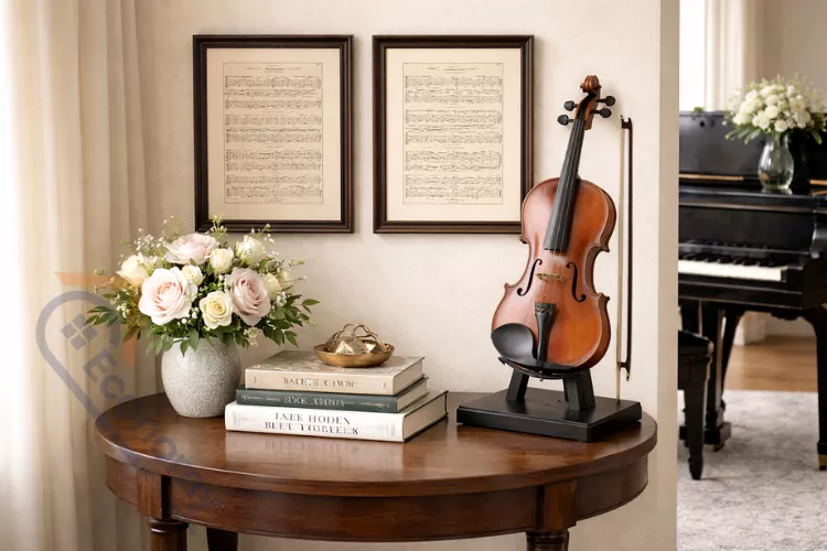 Music-themed decor arrangement with framed vintage sheet music, violin on stand, and music biography books near piano