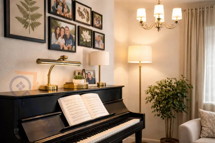 Layered lighting around piano featuring brass piano lamp, crystal chandelier, and ambient floor lamp in elegant living room.