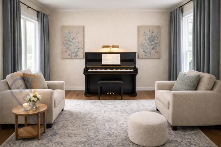 Piano room with acoustic-optimized decor featuring area rug, velvet curtains, upholstered seating, and fabric wall panels