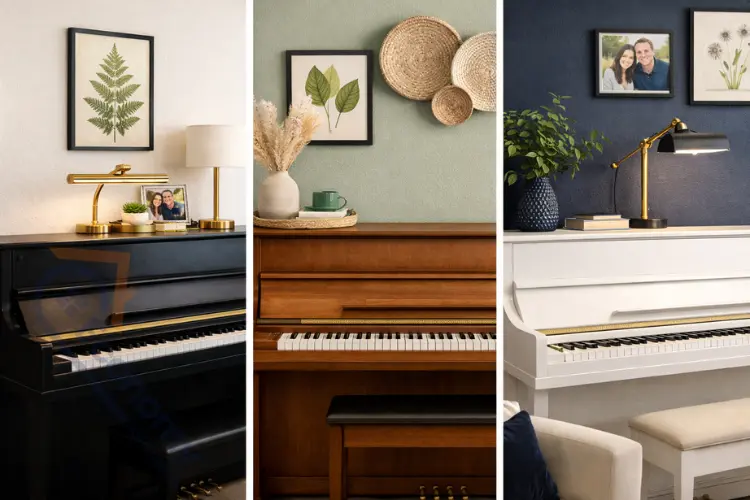 Three piano color scheme examples showing black piano with metallics, wood piano with green tones, and white piano with blue accents