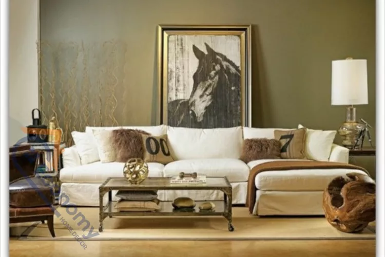 A sophisticated living room showcasing Equestrian Decorating Ideas, featuring a large framed black and white portrait of a horse.