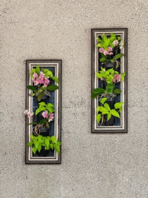Framed Vertical Garden Wall Planters Set of four framed vertical garden planters with green plants and pink flowers hanging on a textured grey wall.
