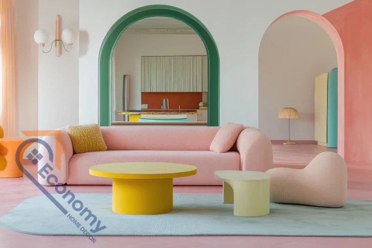 A contemporary living room with a whimsical French aesthetic, featuring a curved pink sofa and a yellow round coffee table set against arched doorways.