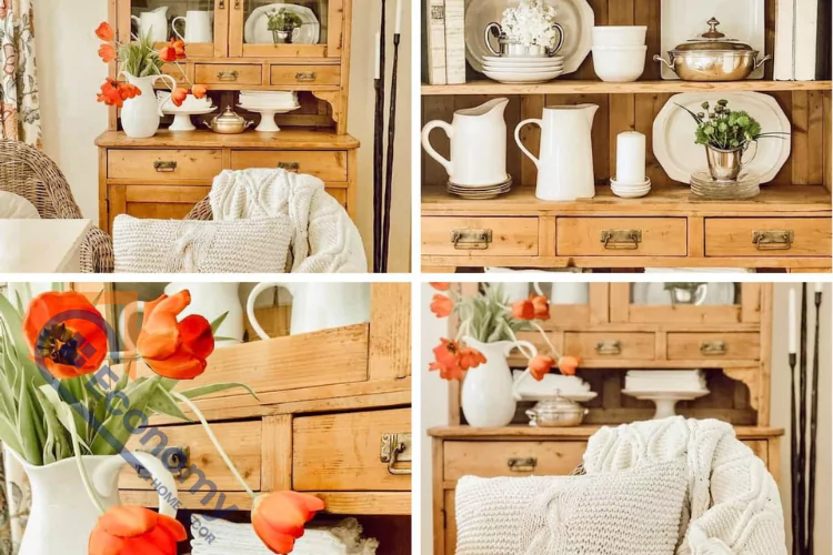 A collage of four images showcasing hutch decor ideas for a rustic farmhouse-style pine cabinet, featuring spring florals and white dishes.