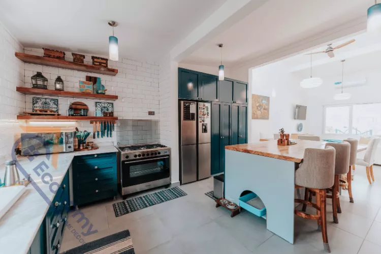 A modern kitchen showcasing Kitchen Wall Decor Ideas with floating rustic wood shelves against a white subway tile backsplash.