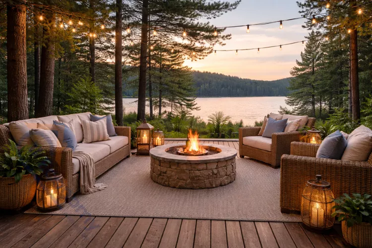 Lake house porch decor ideas with outdoor seating and fire pit overlooking water