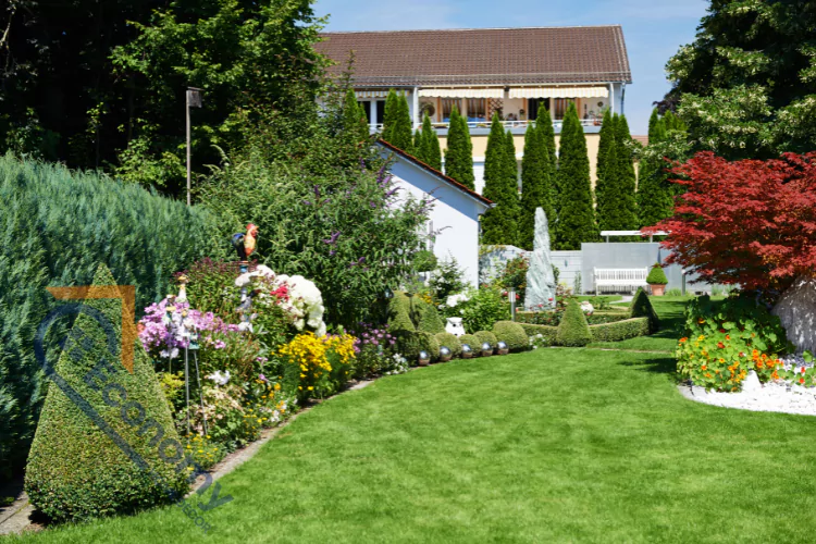 A lush suburban garden showcasing formal landscape design, with a manicured lawn, curved flower beds, and a variety of trees and shrubs.