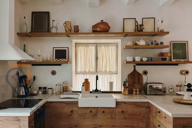 A contemporary kitchen demonstrating Modern Kitchen Wall Decor Ideas with long, floating wooden shelves over a white farmhouse sink.