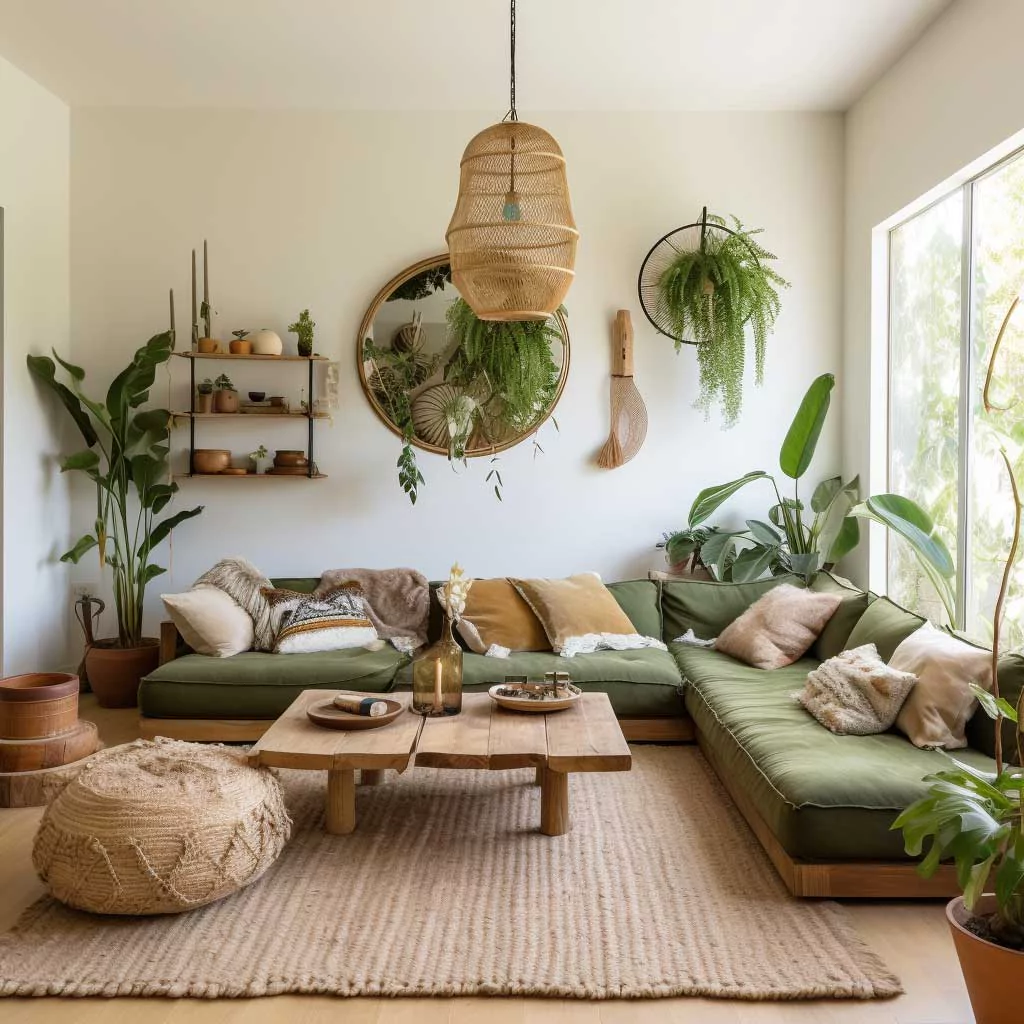 Clean, bright living room with white walls, sleek furniture, minimal decor, lots of natural light, and simple geometric shapes