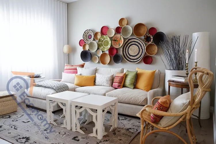 A contemporary living room showcasing Moroccan Living Rooms Ideas through a large display of woven baskets as wall art.