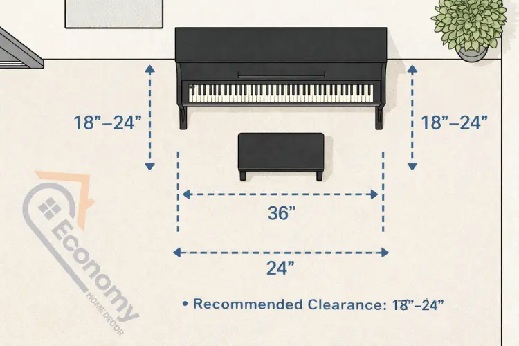 Piano placement floor plan showing proper clearance space and room layout for optimal acoustics and functionality