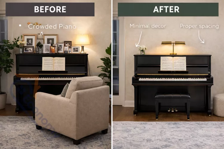 Before and after piano decorating comparison showing cluttered versus properly styled piano with minimal decor and clear access