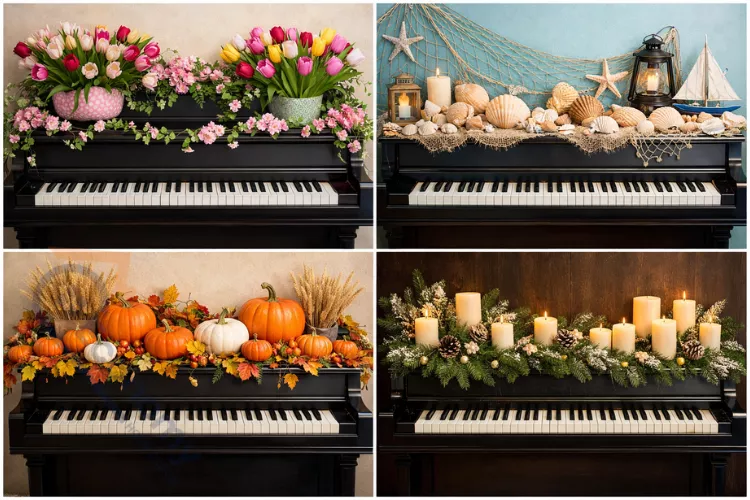 Four seasonal piano decorating ideas showing spring flowers, summer coastal decor, autumn pumpkins, and winter evergreen arrangements