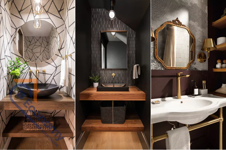 An image demonstrating "Powder Room Decorating Ideas," featuring unique sink and vanity combinations with different mirrors and lighting.