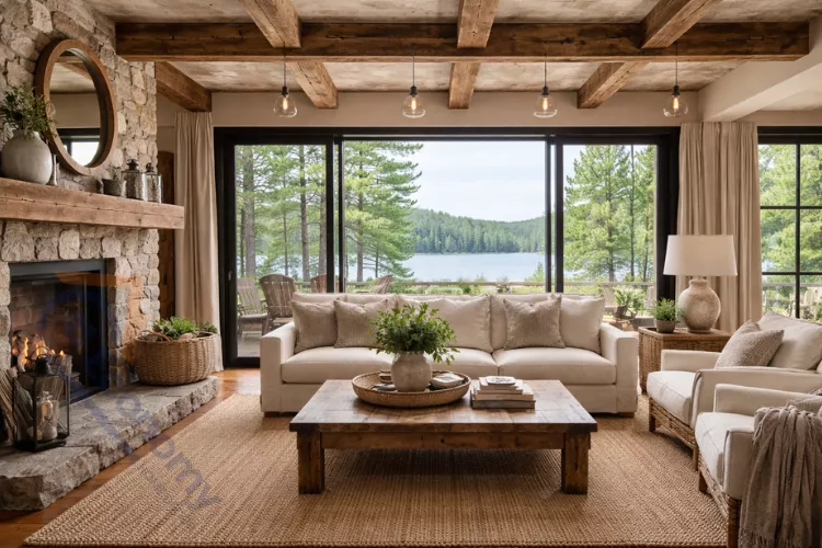 Natural materials in lake house living room with reclaimed wood and linen furniture