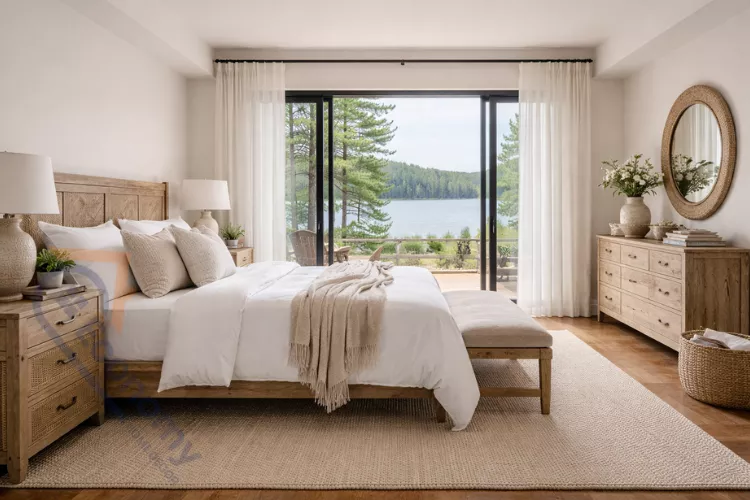 Cozy lake house bedroom decor with neutral colors and natural materials