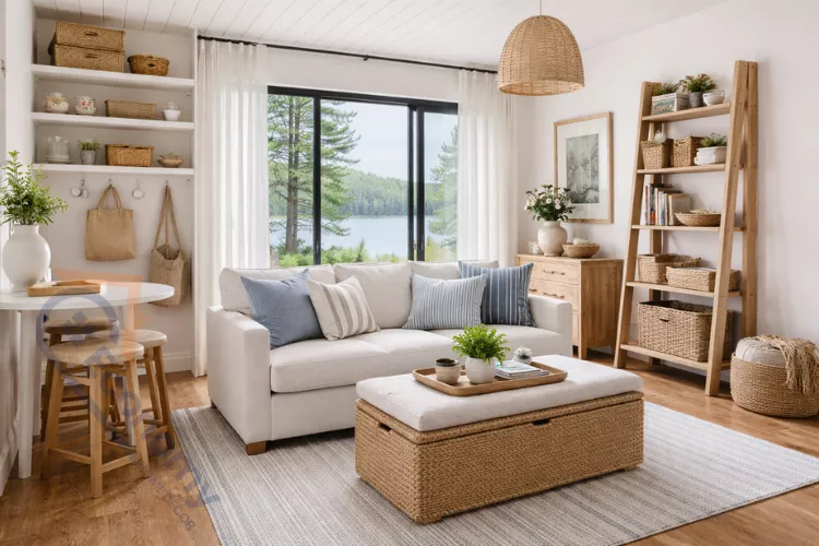 Small lake house decorating ideas with space-saving furniture and light colors