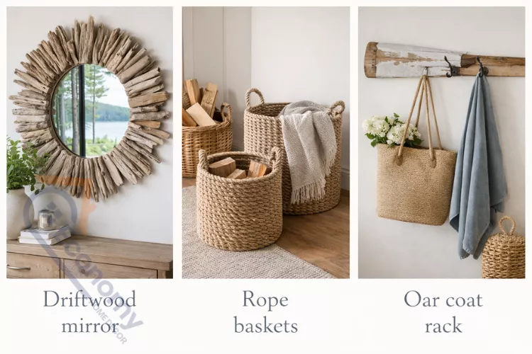 DIY lake house decor projects including driftwood mirror and rope-wrapped storage baskets