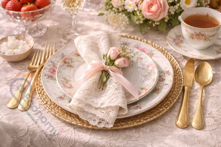 Vintage tea party brunch place setting featuring mismatched floral china plates and delicate lace napkin