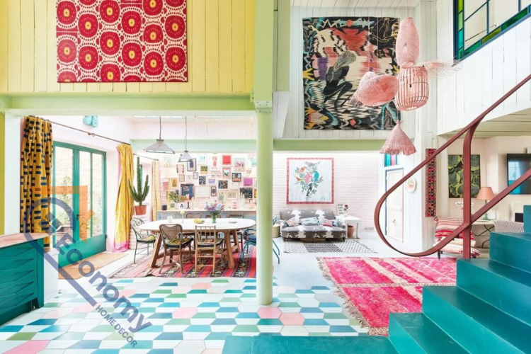 A vibrant and eclectic open-plan living space showcasing a variety of whimsical decor ideas with bold colors, patterned tiles, and maximalist style.