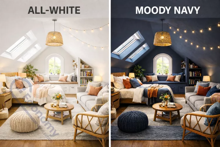 Slanted ceiling bedroom color comparison showing all-white versus dark navy blue paint
