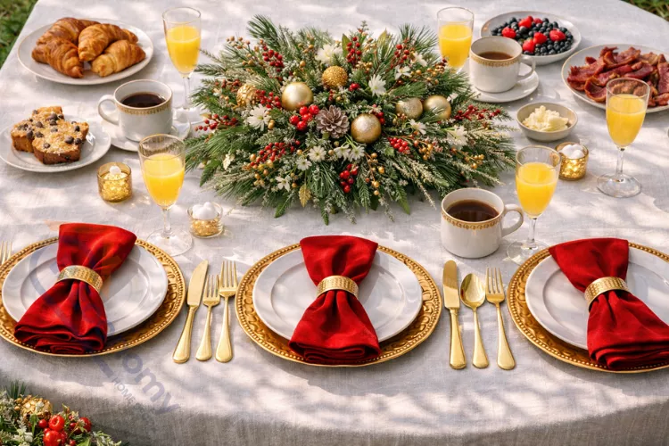 Winter holiday breakfast table setting with evergreen branches, gold chargers, and red velvet napkins