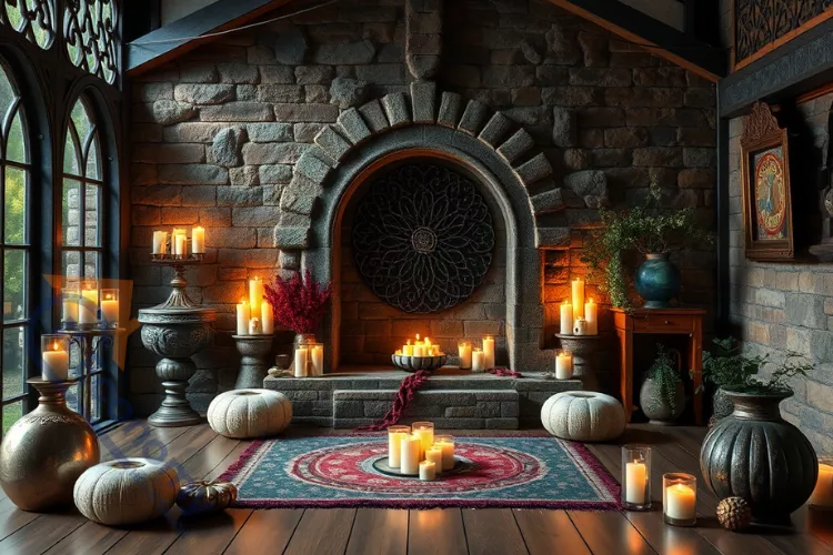 A deeply atmospheric stone fireplace hearth showcasing Witchy Decor Ideas with numerous burning pillar candles and soft lighting.