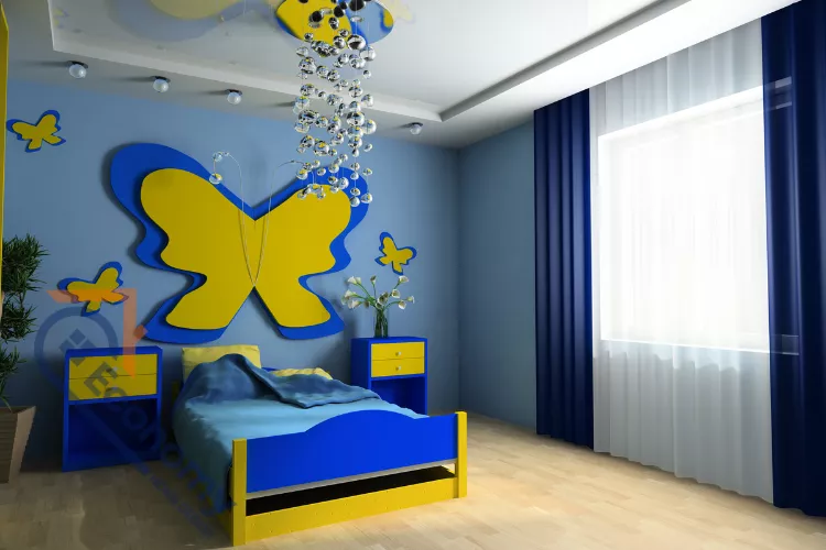 A vibrant children's bedroom featuring yellow and blue decor, including a bed frame and nightstands in these primary colors.