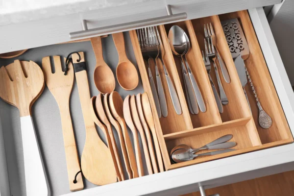 Open kitchen drawer with a bamboo wood organizer filled with wooden spatulas, spoons, and stainless steel flatware.