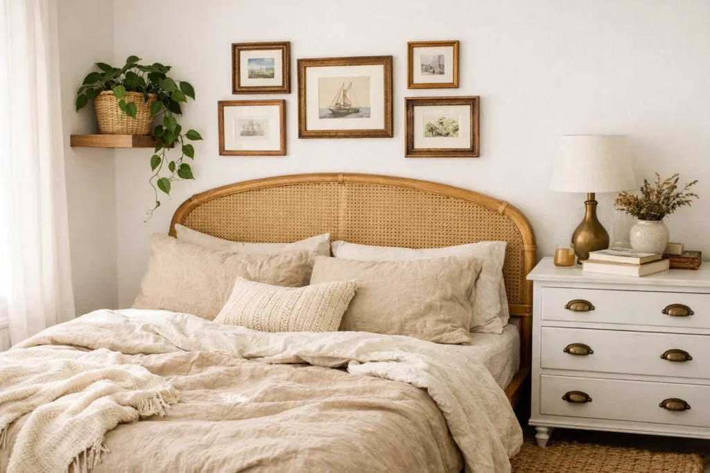 Budget white bedroom styling with rattan headboard, thrifted gallery wall, pothos plant, and antique brass hardware on white dresser