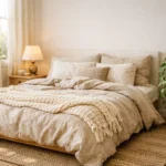 Cozy white wall bedroom with linen bedding, oak nightstand, brass lamp, and jute rug in warm morning light