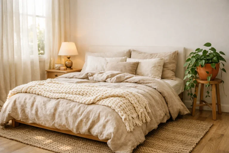 Cozy white wall bedroom with linen bedding, oak nightstand, brass lamp, and jute rug in warm morning light