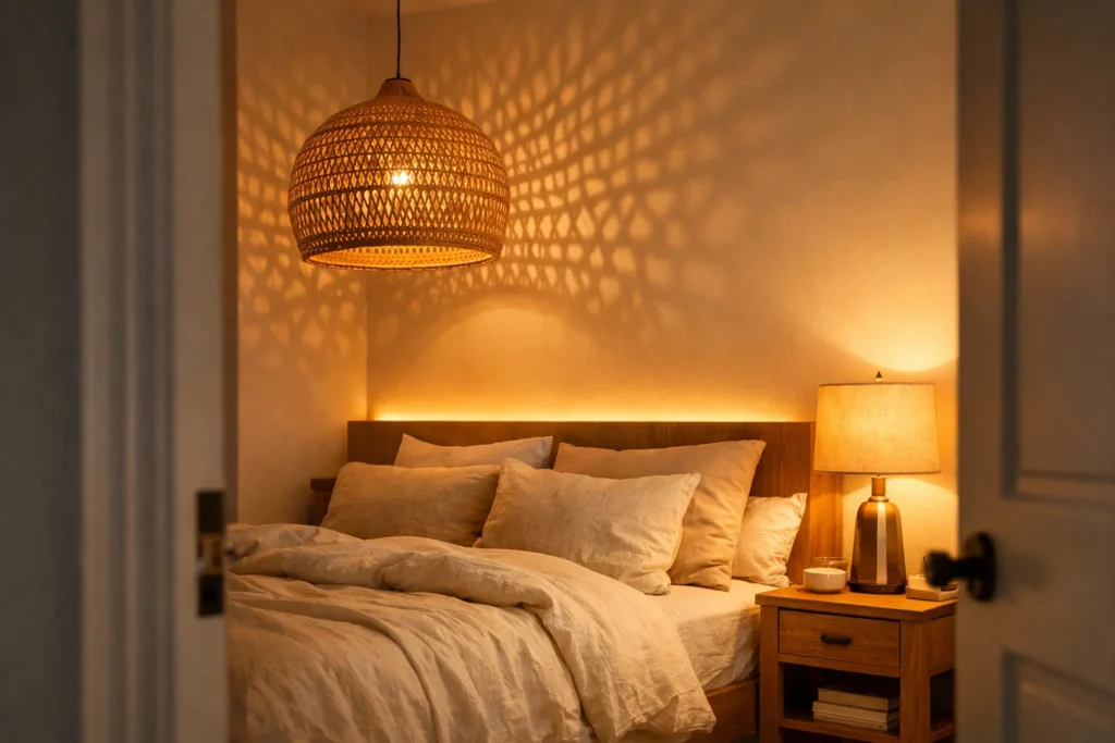 Cozy white bedroom lighting with rattan pendant, brass lamp, and warm LED strip behind headboard creating golden evening atmosphere