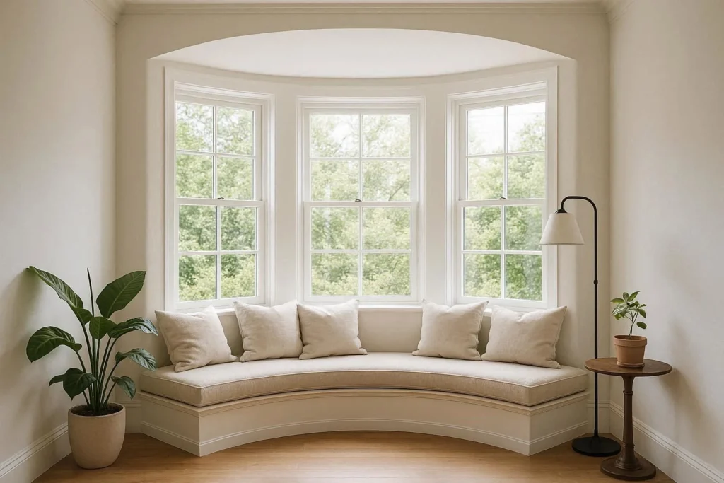 Built-in curved bench seating fitted into a curved bay window wall with cushions and plants