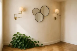 Curved wall in a modern living room styled with round mirrors, wall sconces, and trailing plants