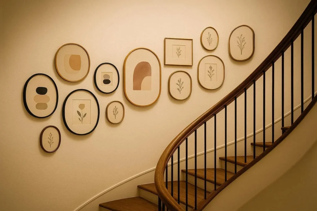 Gallery wall arranged in a loose arc on a curved staircase wall with mixed round and oval frames