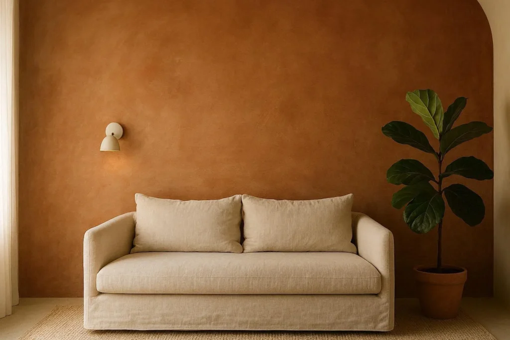 Curved bedroom wall finished with warm limewash paint showing natural texture and depth