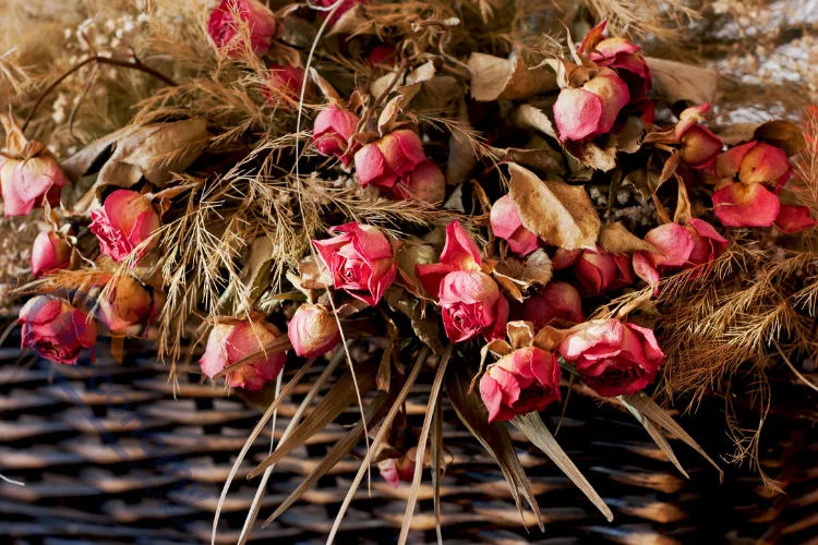 A close-up of tightly clustered, deep pink and faded red dried rosebuds nestled in a dark woven wicker basket.