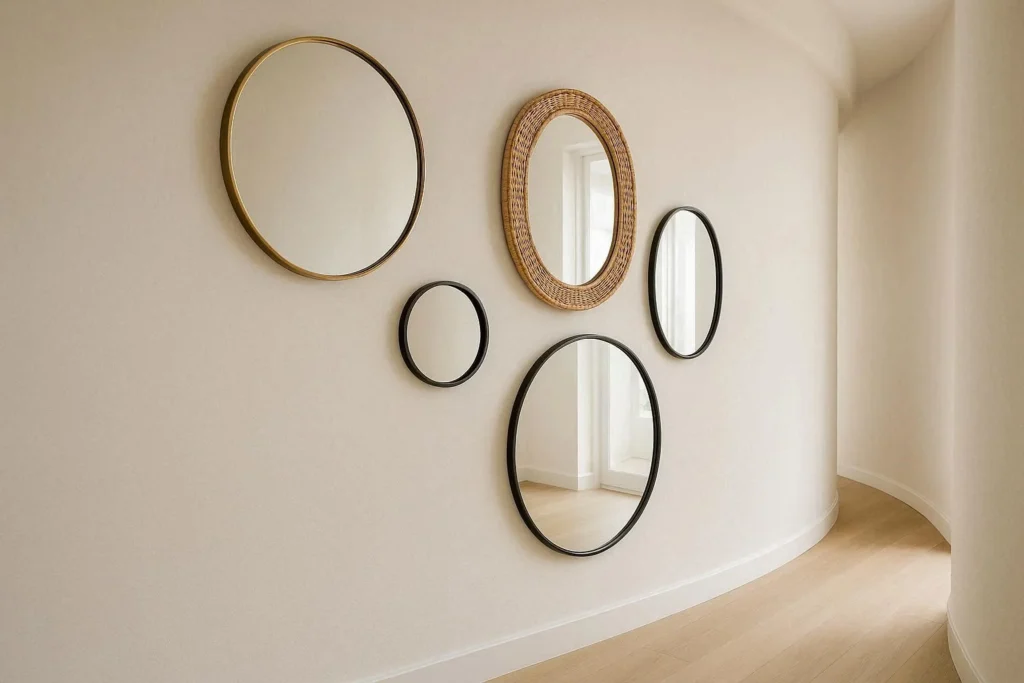 Cluster of round and oval mirrors in brass and wood frames decorating a curved hallway wall