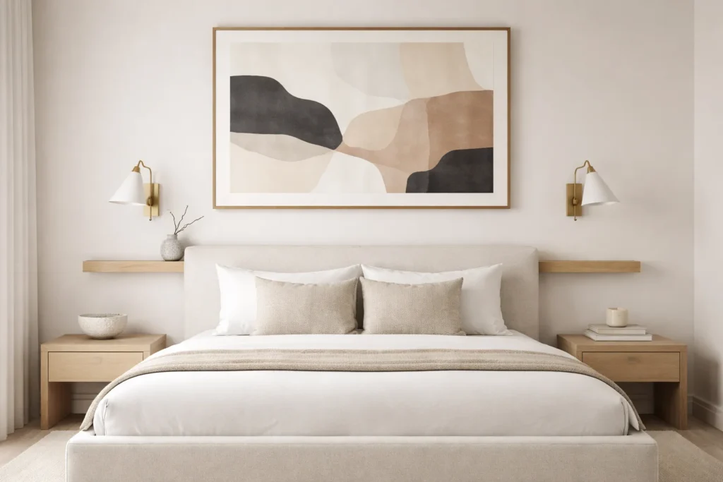 Modern white bedroom decor with linen bed frame, brass wall sconces, large abstract art, and minimal oak and concrete accents