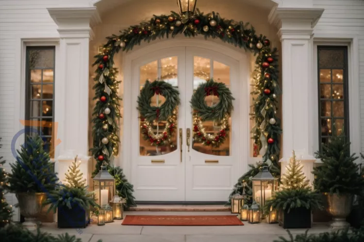 A welcoming outside front entry decorating idea featuring a covered porch with a patterned rug and wooden accent furniture.