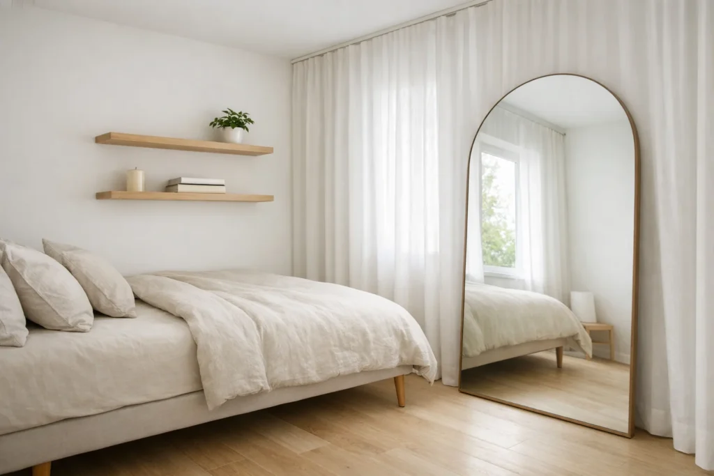Small white bedroom ideas with ceiling-height curtains, arch mirror, floating shelves, and furniture with exposed oak legs
