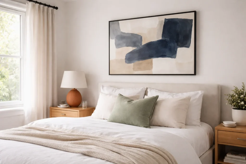 White bedroom with terracotta lamp, sage green pillow, and navy abstract artwork showing how to add color to white walls