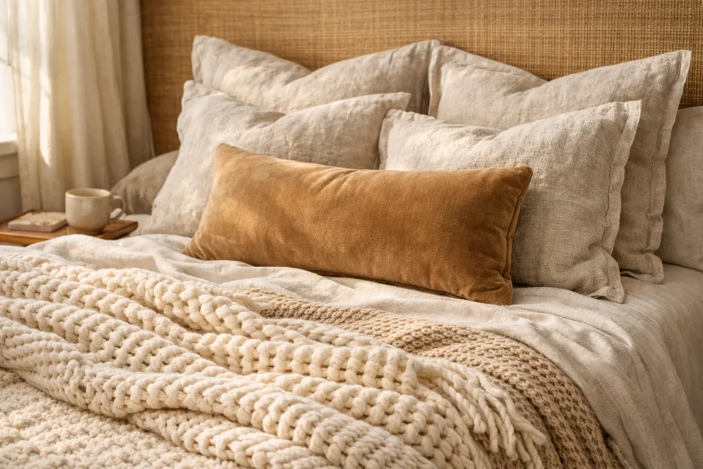 White bedroom texture layering with linen shams, velvet lumbar pillow, chunky knit throw, and grasscloth accent wall