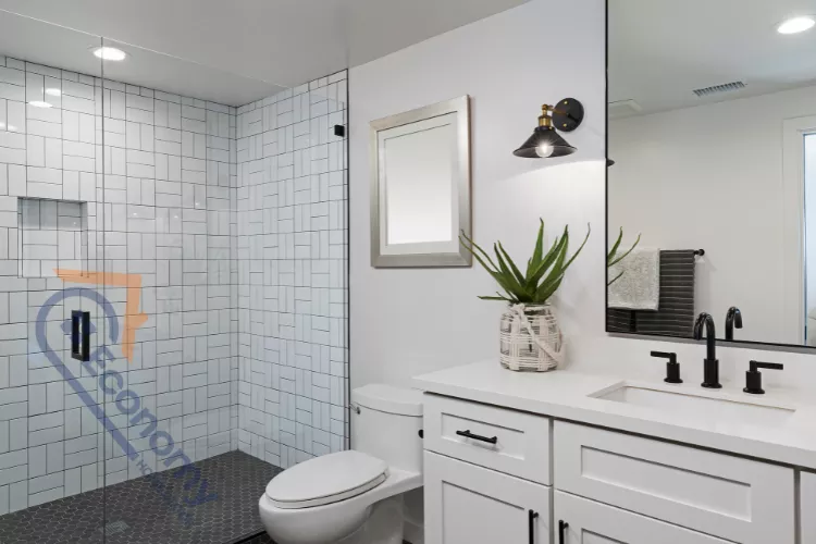 A sleek, contemporary bathroom with a walk-in shower, white vanity, black fixtures, and a white toilet.